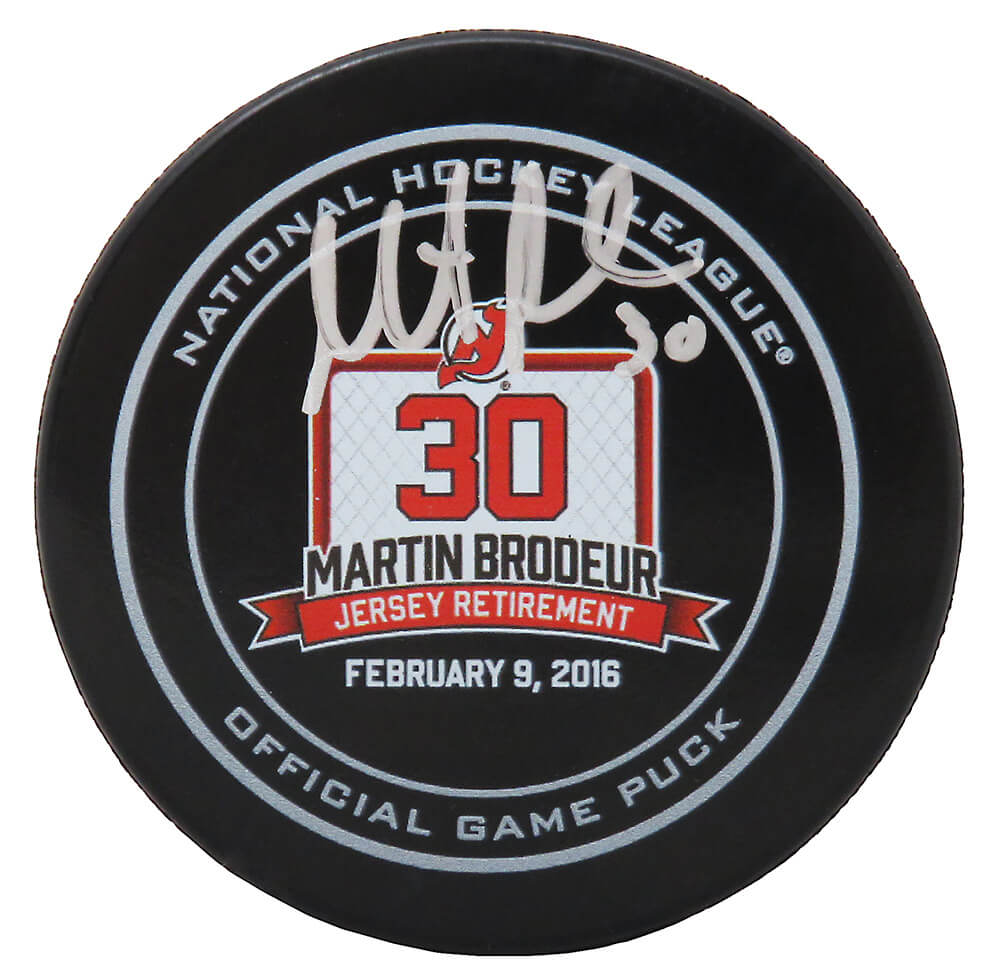 Martin Brodeur Signed New Jersey Devils February 9, 2016 Jersey Retirement Night Logo Official Hockey Puck (Fanatics) - BROPUC422 - Martin Brodeur Signed New Jersey Devils February 9, 2016 Jersey Retirement Night Logo Official Hockey Puck (Fanatics) product image