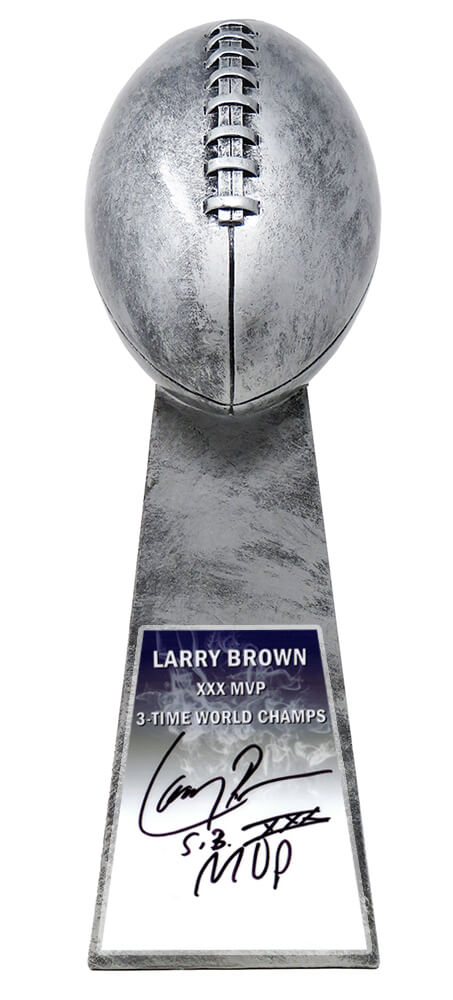 Larry Brown Signed Football World Champion 15 Inch Silver Replica Trophy w/SB XXX MVP - BROTRO300 - Larry Brown Signed Football World Champion 15 Inch Silver Replica Trophy w/SB XXX MVP product image