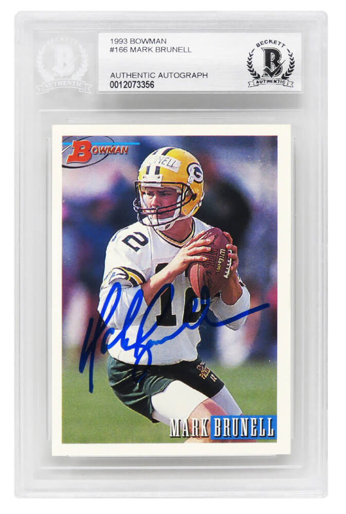 Mark Brunell Signed Green Bay Packers 1993 Bowman Football Rookie Card #166 (Beckett Encapsulated) - BRUCAR300 - Mark Brunell Signed Green Bay Packers 1993 Bowman Football Rookie Card #166 (Beckett Encapsulated) product image