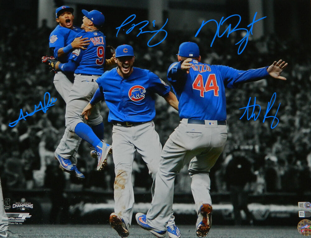Anthony Rizzo, Kris Bryant, Addison Russell & Javier Baez Signed Cubs 2016 World Series Infielders Celebration Spotlight 16x20 Photo - BRY16P120 - Anthony Rizzo, Kris Bryant, Addison Russell & Javier Baez Signed Cubs 2016 World Series Infielders Celebration Spotlight 16x20 Photo product image