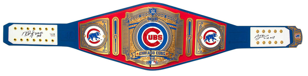 Kris Bryant & Ben Zobrist Signed Chicago Cubs 53x12 WWE Legacy Full Size Auth Blue Wrestling Belt w/MVP Insc - BRYBLT100 - Kris Bryant & Ben Zobrist Signed Chicago Cubs 53x12 WWE Legacy Full Size Auth Blue Wrestling Belt w/MVP Insc product image