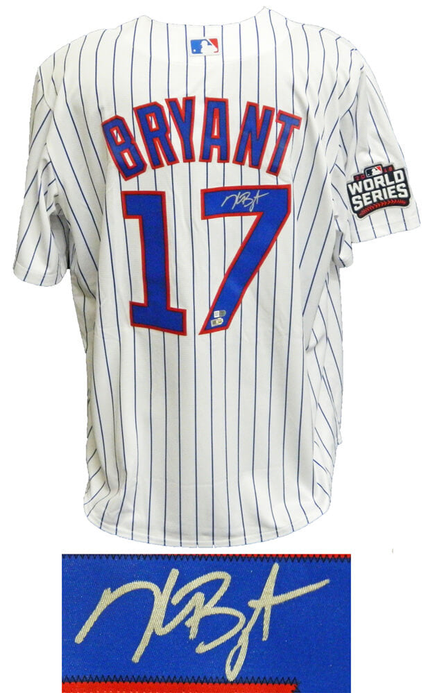 Kris Bryant Signed Chicago Cubs White Pinstripe 2016 World Series Patch Majestic Jersey - BRYJRY102 - Kris Bryant Signed Chicago Cubs White Pinstripe 2016 World Series Patch Majestic Jersey product image