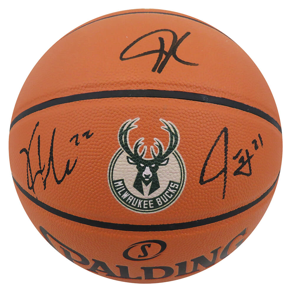 Giannis Antetokounmpo, Khris Middleton & Jrue Holiday Signed Spalding Milwaukee Bucks Logo Game Series Basketball - BUCBSK200 - Giannis Antetokounmpo, Khris Middleton & Jrue Holiday Signed Spalding Milwaukee Bucks Logo Game Series Basketball product image