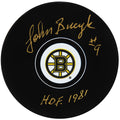 Johnny Bucyk Signed Bruins Logo Hockey Puck w/HOF 1981 (In Gold) - BUCPUC402 - Johnny Bucyk Signed Bruins Logo Hockey Puck w/HOF 1981 (In Gold) product image