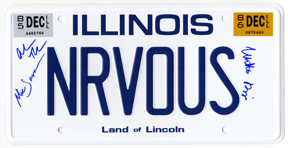 Matthew Broderick, Mia Sara & Alan Ruck Cast Signed Ferris Bueller's Day Off 'NRVOUS' Illinois License Plate - BUEOTH500 - Matthew Broderick, Mia Sara & Alan Ruck Cast Signed Ferris Bueller's Day Off 'NRVOUS' Illinois License Plate product image