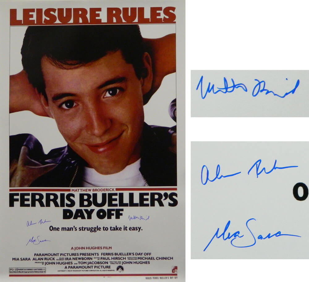 Matthew Broderick, Mia Sara & Alan Ruck Cast Signed Ferris Bueller's Day Off 27x40 Full Size Movie Poster - BUEPST501 - Matthew Broderick, Mia Sara & Alan Ruck Cast Signed Ferris Bueller's Day Off 27x40 Full Size Movie Poster product image