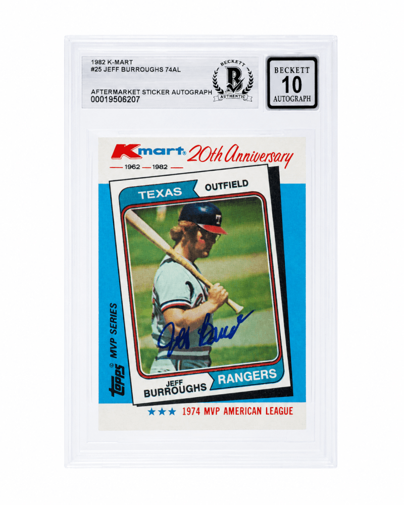 Jeff Burroughs Signed Rangers 1982 Topps Kmart Baseball Trading Card #25 - (Beckett - Auto Sticker - Grade 10) - BURCAR106 - Jeff Burroughs Signed Rangers 1982 Topps Kmart Baseball Trading Card #25 - (Beckett - Auto Sticker - Grade 10) product image