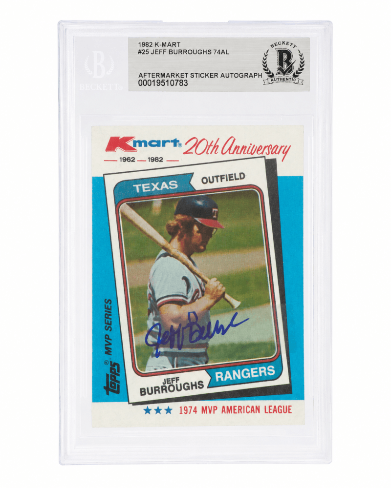 Jeff Burroughs Signed Rangers 1982 Topps Kmart Baseball Trading Card #25 - (Beckett - Auto Sticker) - BURCAR107 - Jeff Burroughs Signed Rangers 1982 Topps Kmart Baseball Trading Card #25 - (Beckett - Auto Sticker) product image