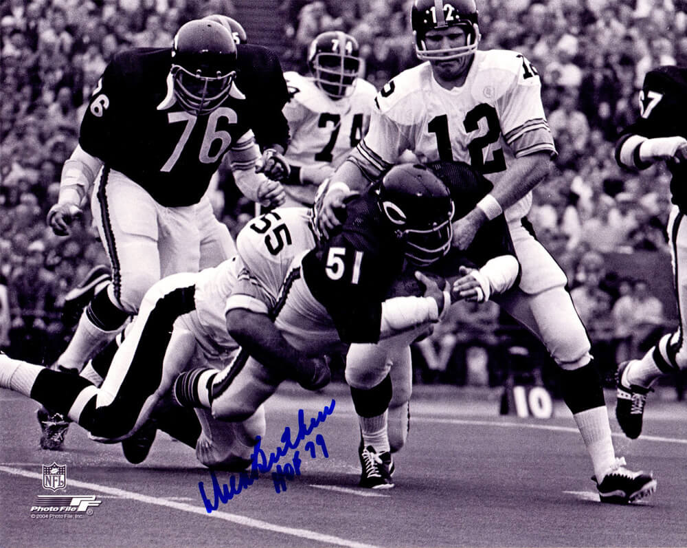 Dick Butkus Signed Chicago Bears Fumble Recovery vs Steelers B&W 8x10 Photo w/HOF 79 - BUT08P306 - Dick Butkus Signed Chicago Bears Fumble Recovery vs Steelers B&W 8x10 Photo w/HOF 79 product image
