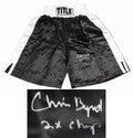Chris Byrd Signed Title Black Boxing Trunks w/2x Champ - BYRTRU500 - Chris Byrd Signed Title Black Boxing Trunks w/2x Champ product image