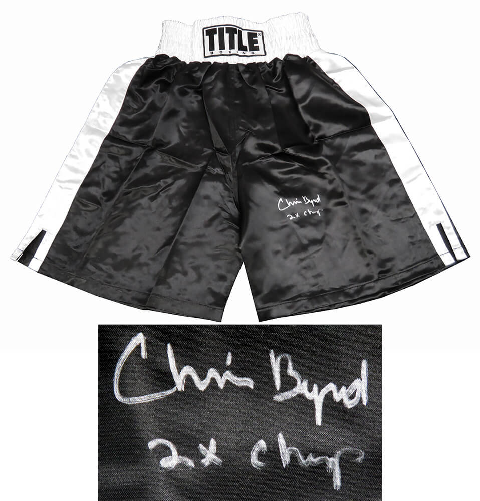 Chris Byrd Signed Title Black Boxing Trunks w/2x Champ - BYRTRU500 - Chris Byrd Signed Title Black Boxing Trunks w/2x Champ product image