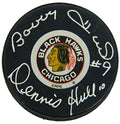 Bobby Hull & Dennis Hull Dual Signed Chicago Blackhawks Original Six Logo Hockey Puck - HULPUC435 - Bobby Hull & Dennis Hull Dual Signed Chicago Blackhawks Original Six Logo Hockey Puck product image