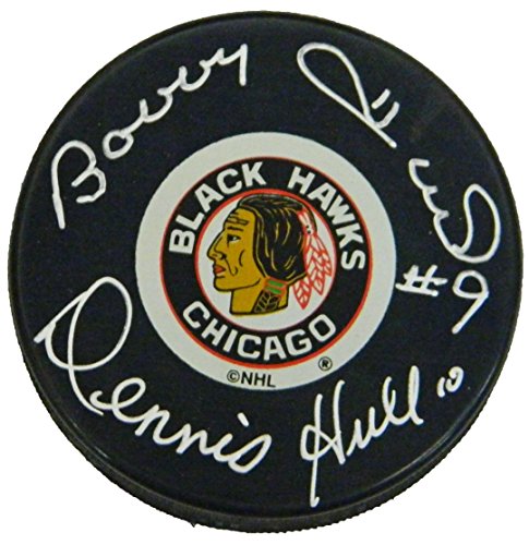 Bobby Hull & Dennis Hull Dual Signed Chicago Blackhawks Original Six Logo Hockey Puck - HULPUC435 - Bobby Hull & Dennis Hull Dual Signed Chicago Blackhawks Original Six Logo Hockey Puck product image