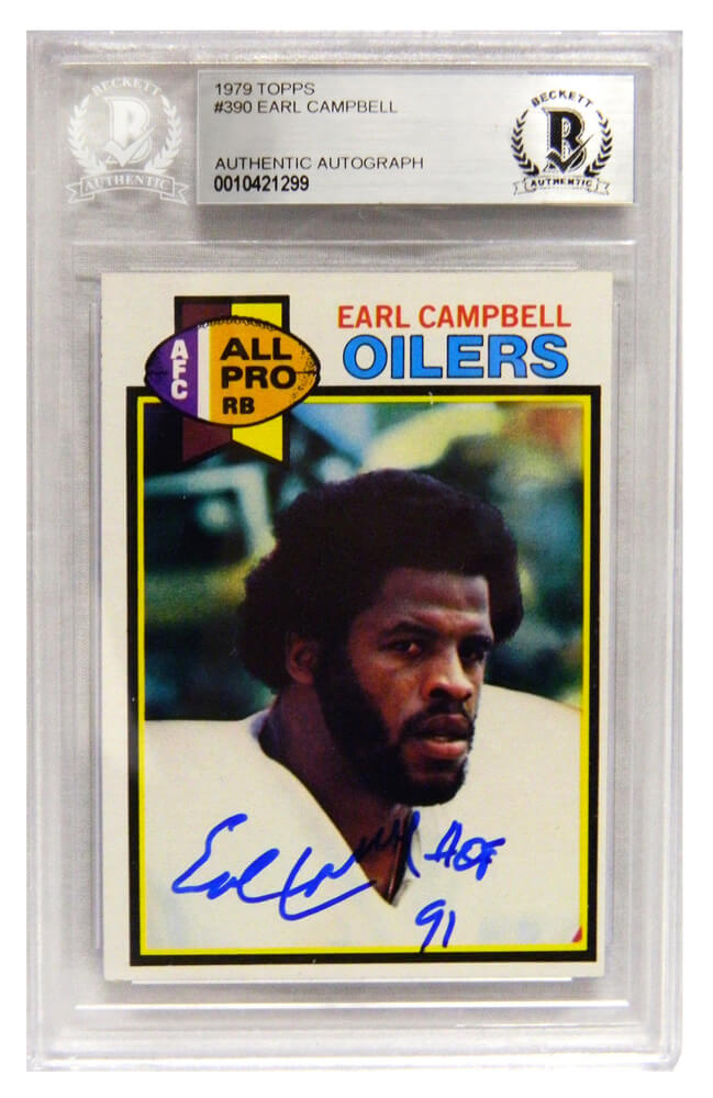Earl Campbell Signed Houston Oilers 1979 Topps Football Rookie Card #390 w/HOF'91 - (Beckett Encapsulated) - CAMCAR300 - Earl Campbell Signed Houston Oilers 1979 Topps Football Rookie Card #390 w/HOF'91 - (Beckett Encapsulated) product image