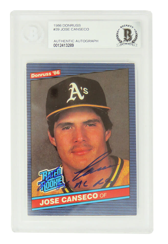 Jose Canseco Signed Oakland A's (Athletics) 1986 Donruss Rookie Card #39 w/86 AL ROY - (Beckett Encapsulated) - CANCAR106 - Jose Canseco Signed Oakland A's (Athletics) 1986 Donruss Rookie Card #39 w/86 AL ROY - (Beckett Encapsulated) product image