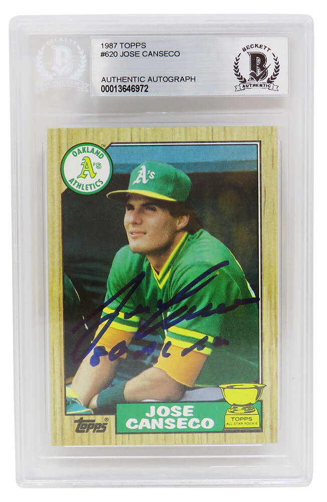 Jose Canseco Signed Oakland A's (Athletics) 1987 Topps Baseball Card #620 w/86 AL ROY - (Beckett Encapsulated) - CANCAR112 - Jose Canseco Signed Oakland A's (Athletics) 1987 Topps Baseball Card #620 w/86 AL ROY - (Beckett Encapsulated) product image