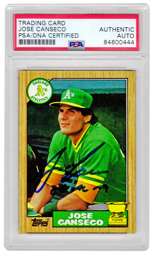 Jose Canseco Signed Oakland A's (Athletics) 1987 Topps Baseball Card #620 w/86 AL ROY - (PSA/DNA Encapsulated) - CANCAR114 - Jose Canseco Signed Oakland A's (Athletics) 1987 Topps Baseball Card #620 w/86 AL ROY - (PSA/DNA Encapsulated) product image
