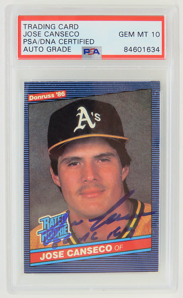 Jose Canseco Signed Oakland A's (Athletics) 1986 Donruss Rookie Card #39 w/86 AL ROY - (PSA/DNA - Auto Grade 10) - CANCAR116 - Jose Canseco Signed Oakland A's (Athletics) 1986 Donruss Rookie Card #39 w/86 AL ROY - (PSA/DNA - Auto Grade 10) product image