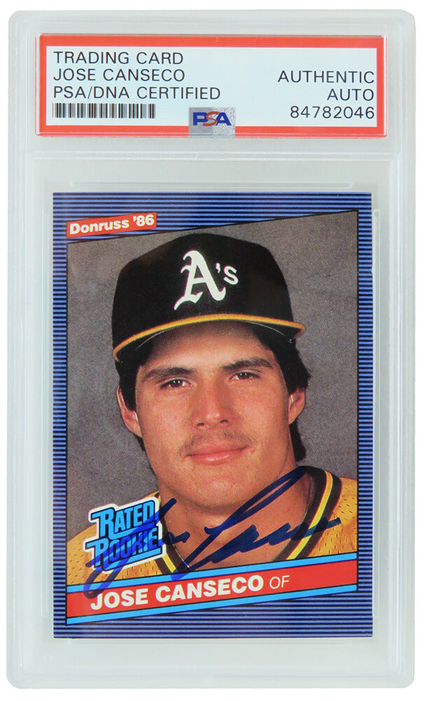 Jose Canseco Signed Oakland A's (Athletics) 1986 Donruss Rookie Card #39 (PSA Encapsulated) - CANCAR120 - Jose Canseco Signed Oakland A's (Athletics) 1986 Donruss Rookie Card #39 (PSA Encapsulated) product image