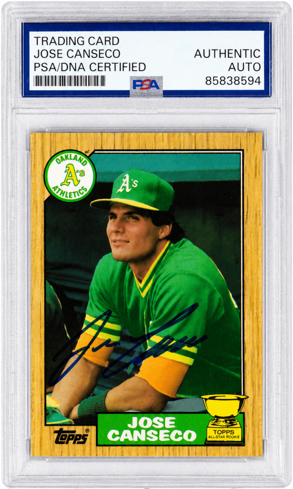 Jose Canseco Signed Oakland A's (Athletics) 1987 Topps Baseball Card #620 - (PSA Encapsulated) - CANCAR125 - Jose Canseco Signed Oakland A's (Athletics) 1987 Topps Baseball Card #620 - (PSA Encapsulated) product image