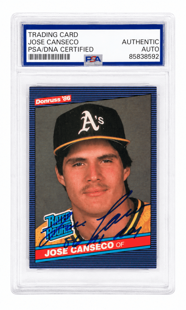 Jose Canseco Signed Oakland A's (Athletics) 1986 Donruss Rookie Baseball Card #39 w/86 AL ROY - (PSA Encapsulated) - CANCAR126 - Jose Canseco Signed Oakland A's (Athletics) 1986 Donruss Rookie Baseball Card #39 w/86 AL ROY - (PSA Encapsulated) product image