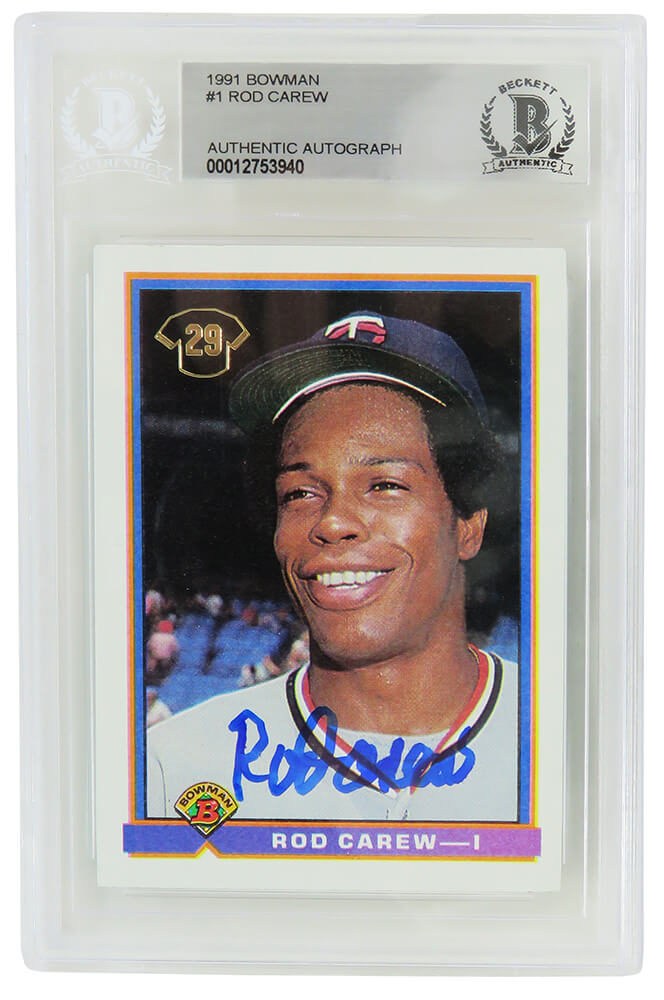 Rod Carew Signed Minnesota Twins 1991 Bowman Baseball Card #1 - (Beckett Encapsulated) - CARCAR110 - Rod Carew Signed Minnesota Twins 1991 Bowman Baseball Card #1 - (Beckett Encapsulated) product image