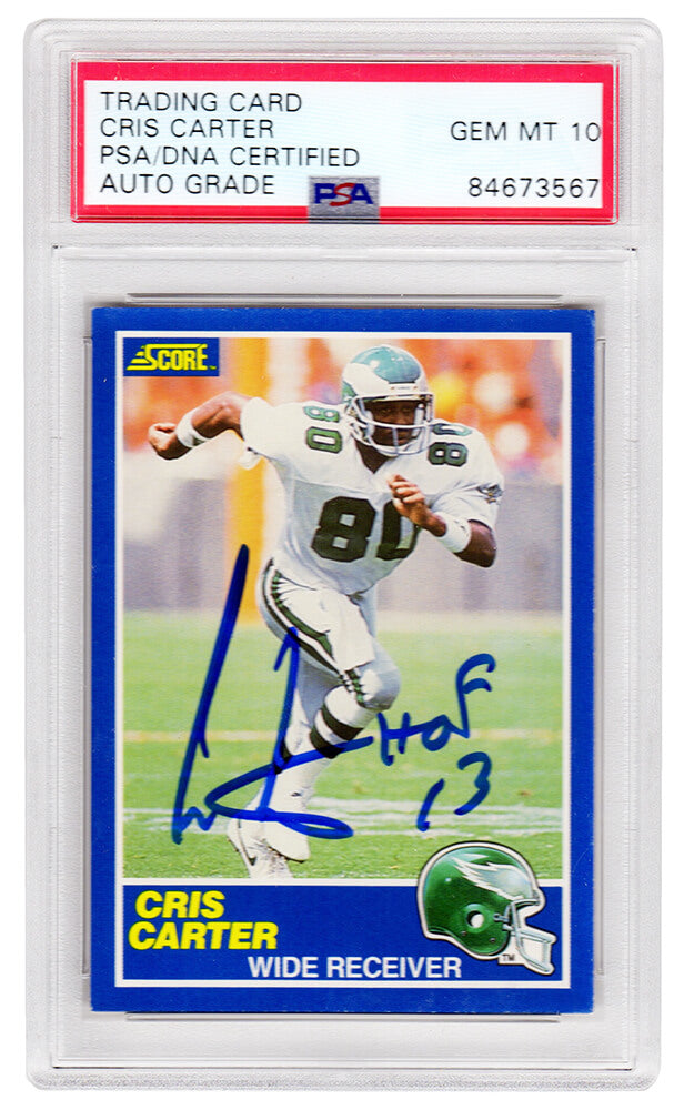 Cris Carter Signed Philadelphia Eagles 1989 Score Football Rookie Card #72 w/HOF'13 (PSA Encapsulated - Auto Grade 10) - CARCAR318 - Cris Carter Signed Philadelphia Eagles 1989 Score Football Rookie Card #72 w/HOF'13 (PSA Encapsulated - Auto Grade 10) product image