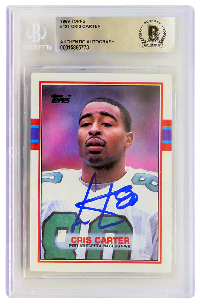 Cris Carter Signed Philadelphia Eagles 1989 Topps Football Rookie Card #121 - (Beckett Encapsulated) - CARCAR334 - Cris Carter Signed Philadelphia Eagles 1989 Topps Football Rookie Card #121 - (Beckett Encapsulated) product image