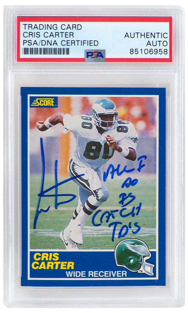 Cris Carter Signed 1989 Score Football Rookie Card #72 w/All I Do Is Catch TD's - (PSA Encapsulated) - CARCAR337 - Cris Carter Signed 1989 Score Football Rookie Card #72 w/All I Do Is Catch TD's - (PSA Encapsulated) product image
