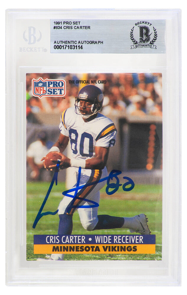 Cris Carter Signed Minnesota Vikings 1991 Pro Set Football Trading Card #834 - (Beckett Encapsulated) - CARCAR341 - Cris Carter Signed Minnesota Vikings 1991 Pro Set Football Trading Card #834 - (Beckett Encapsulated) product image