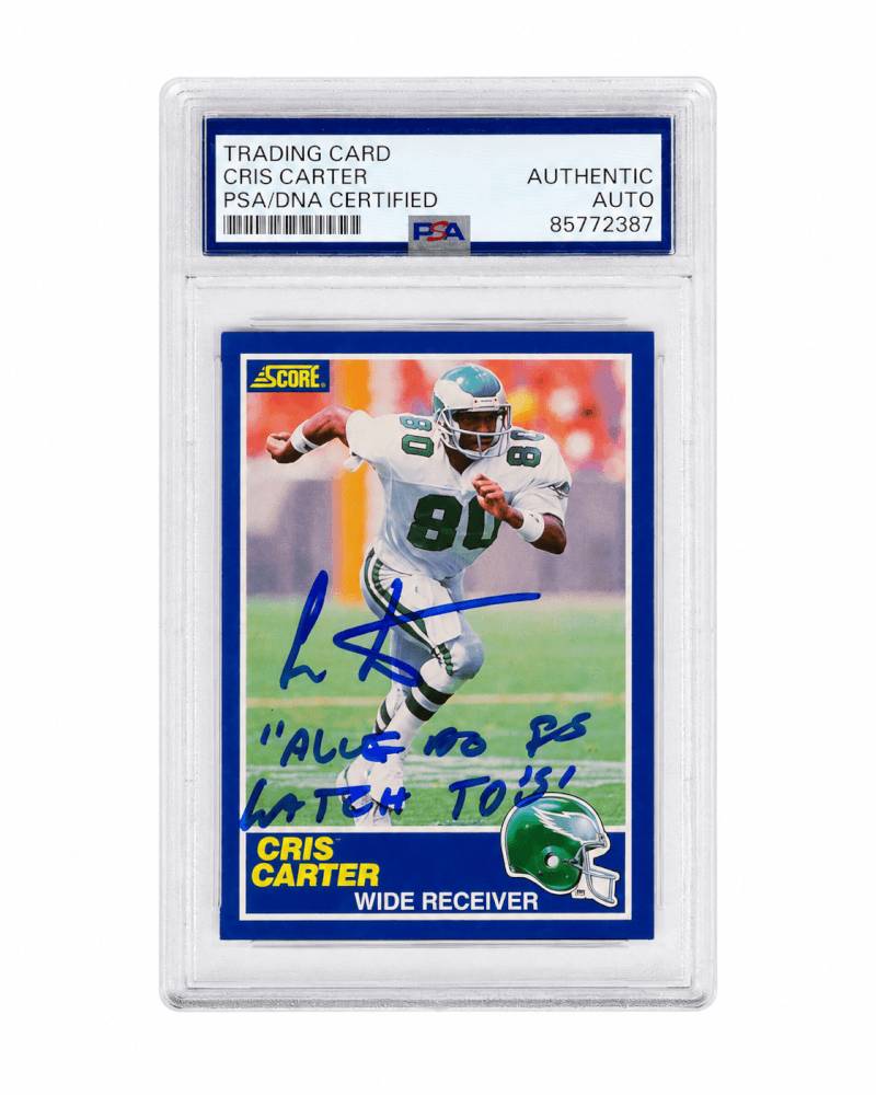 Cris Carter Signed 1989 Score Football Rookie Card #72 w/All I Do Is Catch TDs - (PSA Encapsulated) - CARCAR344 - Cris Carter Signed 1989 Score Football Rookie Card #72 w/All I Do Is Catch TDs - (PSA Encapsulated) product image