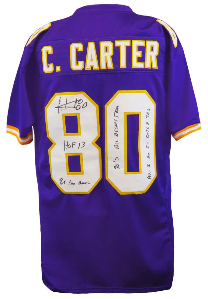 Cris Carter Signed Purple Custom Football Jersey w/4 Inscriptions - CARJRY308 - Cris Carter Signed Purple Custom Football Jersey w/4 Inscriptions product image