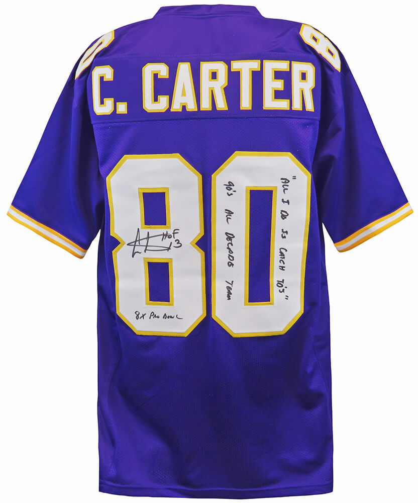 Cris Carter Signed Purple Custom Football Jersey w/HOF, All-Decade, Catch TD's, Pro Bowl - CARJRY309 - Cris Carter Signed Purple Custom Football Jersey w/HOF, All-Decade, Catch TD's, Pro Bowl product image