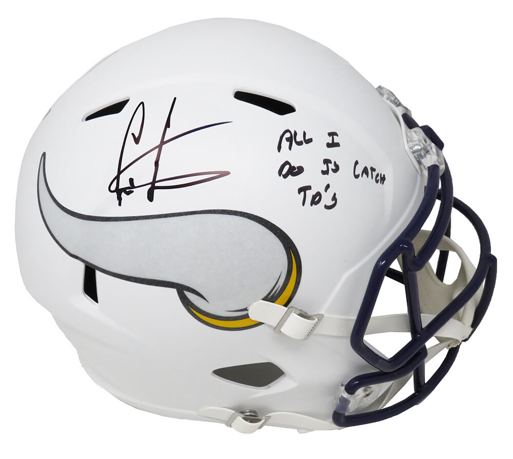 Cris Carter Signed Minnesota Vikings Flat White Matte Riddell Full Size Speed Replica Helmet w/All I Do Is Catch TD's - CARREP307 - Cris Carter Signed Minnesota Vikings Flat White Matte Riddell Full Size Speed Replica Helmet w/All I Do Is Catch TD's product image