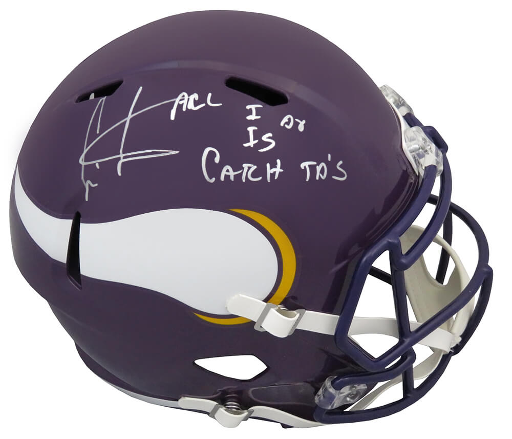 Cris Carter Signed Minnesota Vikings Throwback Riddell Full Size Speed Replica Helmet w/All I Do Is Catch TD's - CARREP316 - Cris Carter Signed Minnesota Vikings Throwback Riddell Full Size Speed Replica Helmet w/All I Do Is Catch TD's product image