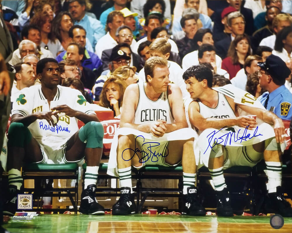 Larry Bird & Kevin McHale & Robert Parish Signed Boston Celtics Big 3 Sitting On Bench 16x20 Photo - CEL16P208 - Larry Bird & Kevin McHale & Robert Parish Signed Boston Celtics Big 3 Sitting On Bench 16x20 Photo product image