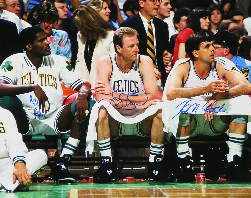 Larry Bird & Kevin McHale & Robert Parish Triple Signed Celtics On Bench 16x20 Photo - CEL16P211MYS - Larry Bird & Kevin McHale & Robert Parish Triple Signed Celtics On Bench 16x20 Photo product image