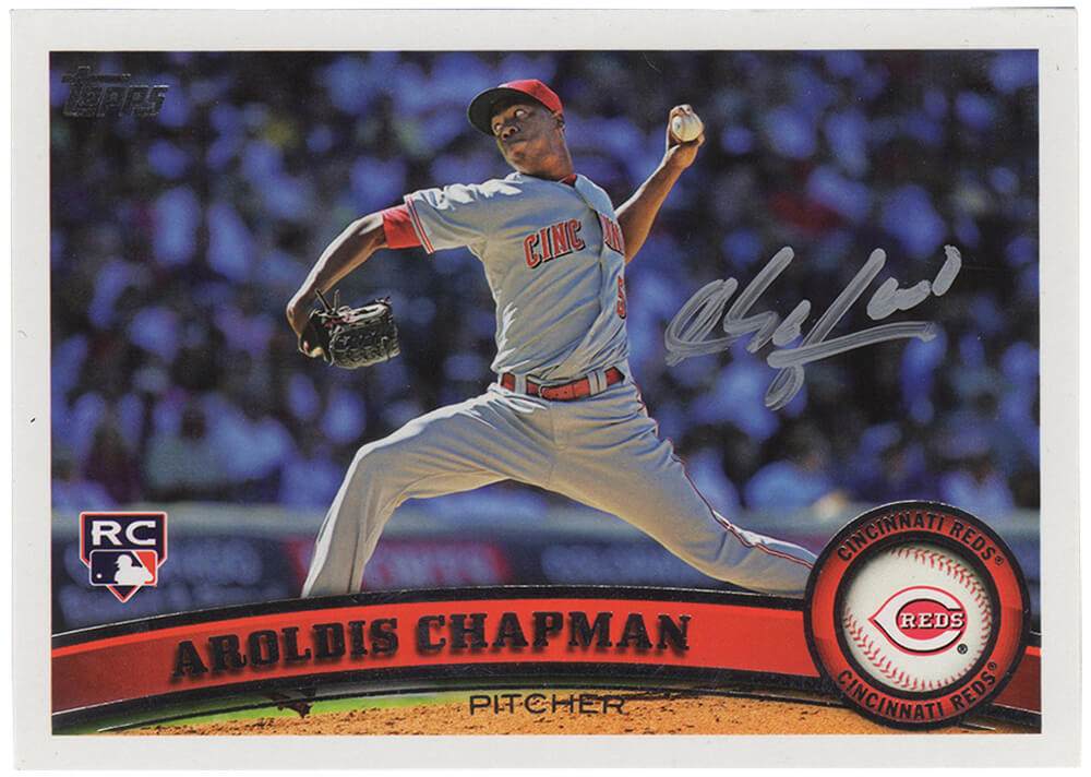 Aroldis Chapman Signed Cincinnati Reds 2011 Topps Rookie Baseball Trading Card #110 - CHACAR100 - Aroldis Chapman Signed Cincinnati Reds 2011 Topps Rookie Baseball Trading Card #110 product image
