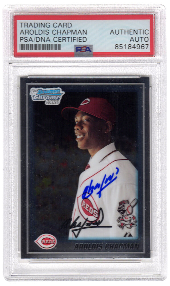 Aroldis Chapman Signed Reds 2010 Bowman Chrome Prospects Rookie Baseball Trading Card #BCP10 - (PSA Encapsulated) - CHACAR103 - Aroldis Chapman Signed Reds 2010 Bowman Chrome Prospects Rookie Baseball Trading Card #BCP10 - (PSA Encapsulated) product image