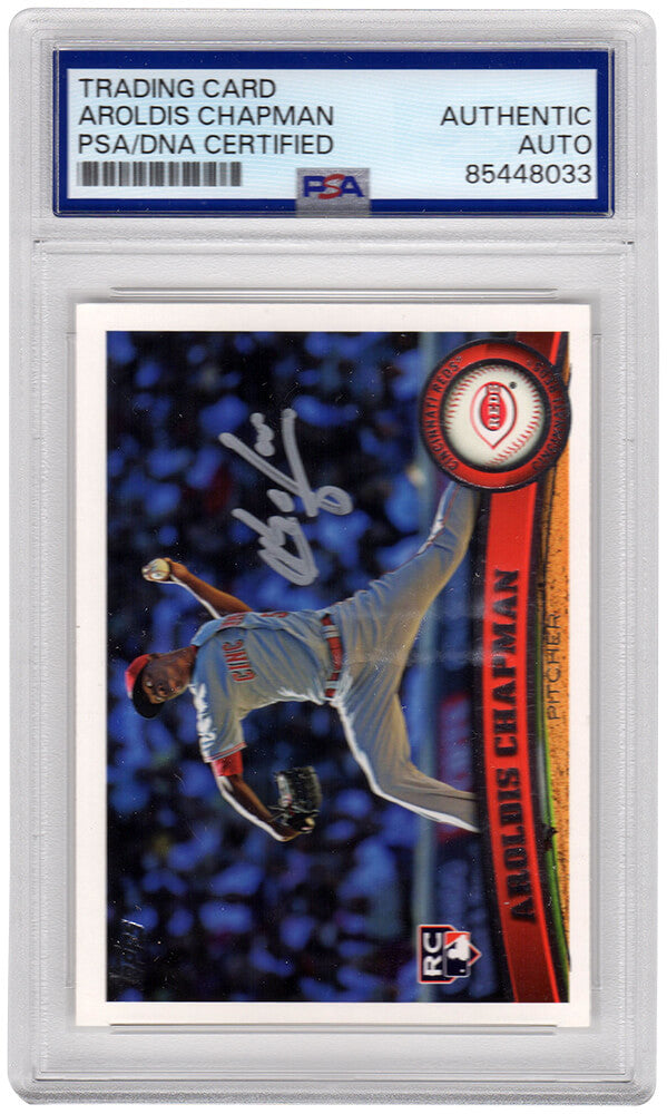 Aroldis Chapman Signed Reds 2011 Topps Rookie Baseball Trading Card #110 - (PSA Encapsulated) - CHACAR104 - Aroldis Chapman Signed Reds 2011 Topps Rookie Baseball Trading Card #110 - (PSA Encapsulated) product image