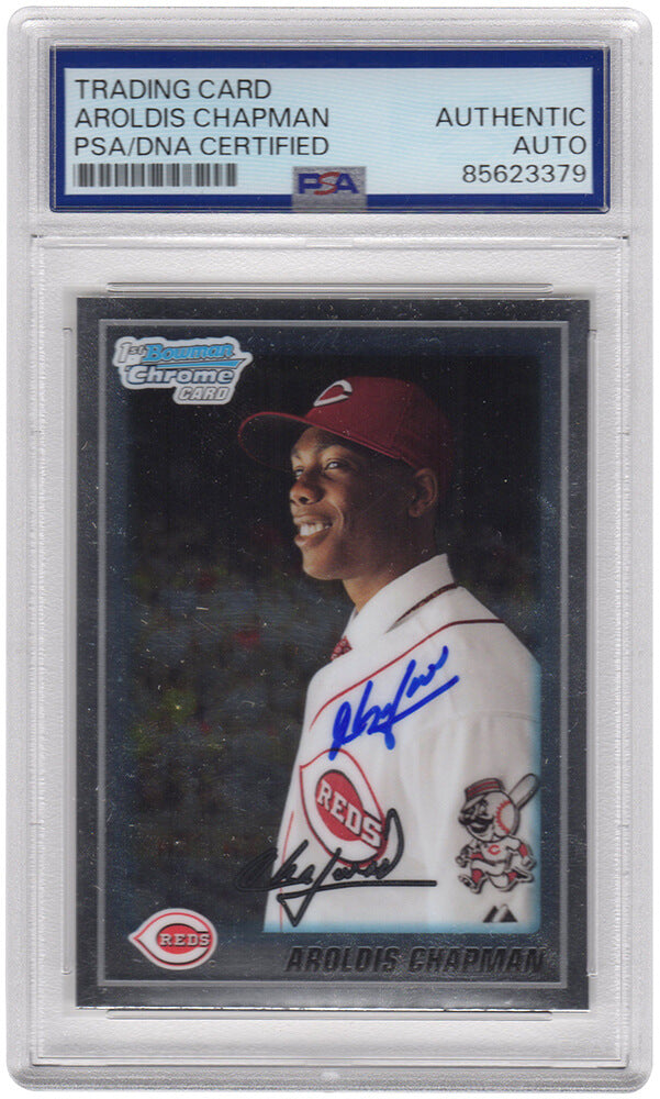 Aroldis Chapman Signed Reds 2010 Bowman Chrome Prospects Rookie Baseball Card #BCP10 - (PSA Encapsulated) - CHACAR105 - Aroldis Chapman Signed Reds 2010 Bowman Chrome Prospects Rookie Baseball Card #BCP10 - (PSA Encapsulated) product image