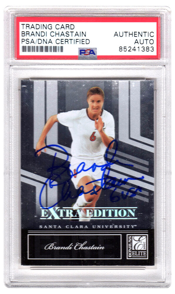 Brandi Chastain Signed 2007 Donruss Elite Soccer Trading Card #81 w/USA - (PSA Encapsulated) - CHACAR500 - Brandi Chastain Signed 2007 Donruss Elite Soccer Trading Card #81 w/USA - (PSA Encapsulated) product image