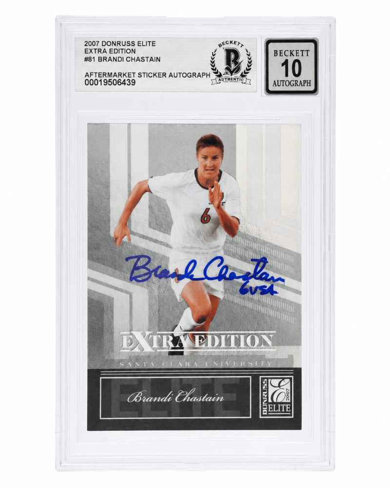 Brandi Chastain Signed 2007 Donruss Elite Soccer Trading Card #81 w/USA - (Beckett - Auto Sticker - Grade 10) - CHACAR501 - Brandi Chastain Signed 2007 Donruss Elite Soccer Trading Card #81 w/USA - (Beckett - Auto Sticker - Grade 10) product image