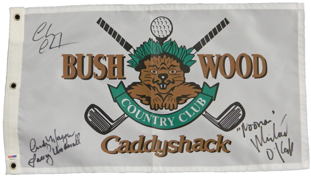 Chevy Chase, Michael O'Keefe & Cindy Morgan Triple Signed Caddyshack Bushwood Golf Flag w/Lacey Underall, Noonan - CHAFLG504 - Chevy Chase, Michael O'Keefe & Cindy Morgan Triple Signed Caddyshack Bushwood Golf Flag w/Lacey Underall, Noonan product image