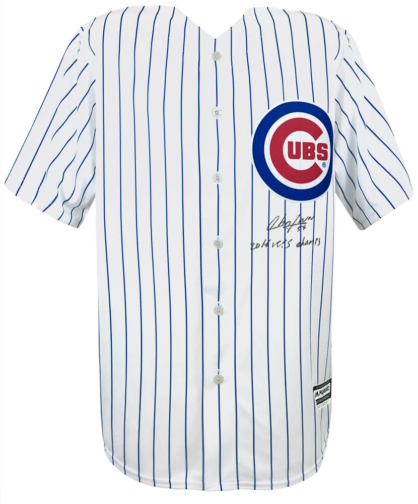 Aroldis Chapman Signed Chicago Cubs White Pinstripe Majestic Replica Baseball Jersey w/16 WS Champs - CHAJRY100 - Aroldis Chapman Signed Chicago Cubs White Pinstripe Majestic Replica Baseball Jersey w/16 WS Champs product image