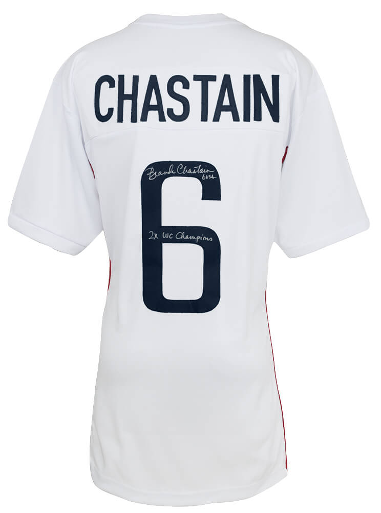 Brandi Chastain Signed White Custom Soccer Jersey w/2x WC Champs - CHAJRY512 - Brandi Chastain Signed White Custom Soccer Jersey w/2x WC Champs product image