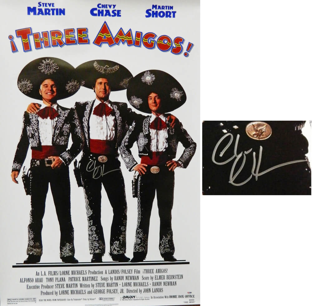 Chevy Chase Signed Three Amigos 27x40 Full Size Movie Poster - CHAPST500 - Chevy Chase Signed Three Amigos 27x40 Full Size Movie Poster product image
