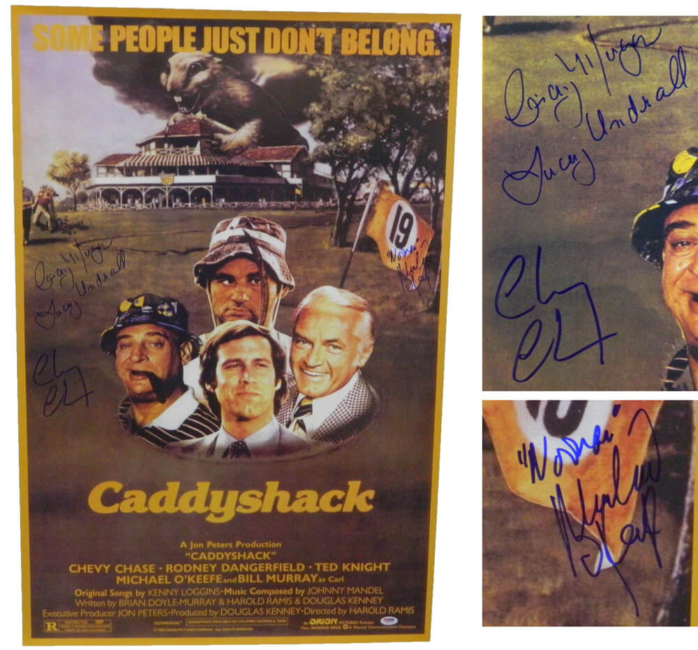 Chevy Chase, Cindy Morgan & Michael O'Keefe Triple Signed Caddyshack Cast Full Size 24x36 Movie Poster w/Lacey Underall & Noonan - CHAPST550 - Chevy Chase, Cindy Morgan & Michael O'Keefe Triple Signed Caddyshack Cast Full Size 24x36 Movie Poster w/Lacey Underall & Noonan product image