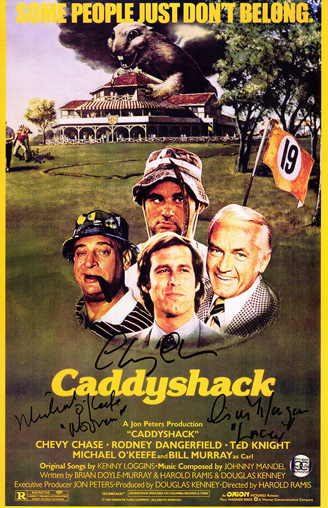 Chevy Chase, Cindy Morgan & Michael O'Keefe Cast Signed Caddyshack 11x17 Movie Poster w/Lacey, Noonan - CHAPST552 - Chevy Chase, Cindy Morgan & Michael O'Keefe Cast Signed Caddyshack 11x17 Movie Poster w/Lacey, Noonan product image