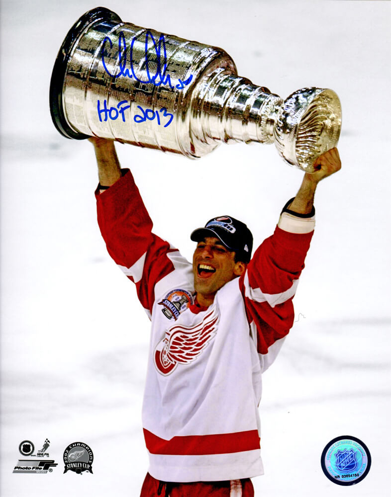 Chris Chelios Signed Detroit Red Wings 2002 Stanley Cup Trophy 8x10 Photo w/HOF 2013 - CHE08P403 - Chris Chelios Signed Detroit Red Wings 2002 Stanley Cup Trophy 8x10 Photo w/HOF 2013 product image